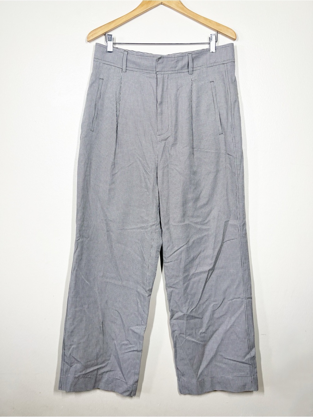 Everlane Womens Taupe Brown Houndstooth plaid Wide-Leg Pleated Trousers size 14